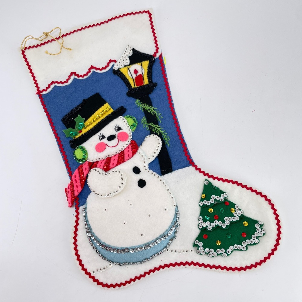 Bucilla Snowman Lamp Post Jeweled Felt Christmas Stocking Completed 58768 15in